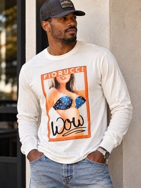 Fiorucci White Long Sleeve Graphic Tee - Orange & Blue Print Medium NWT